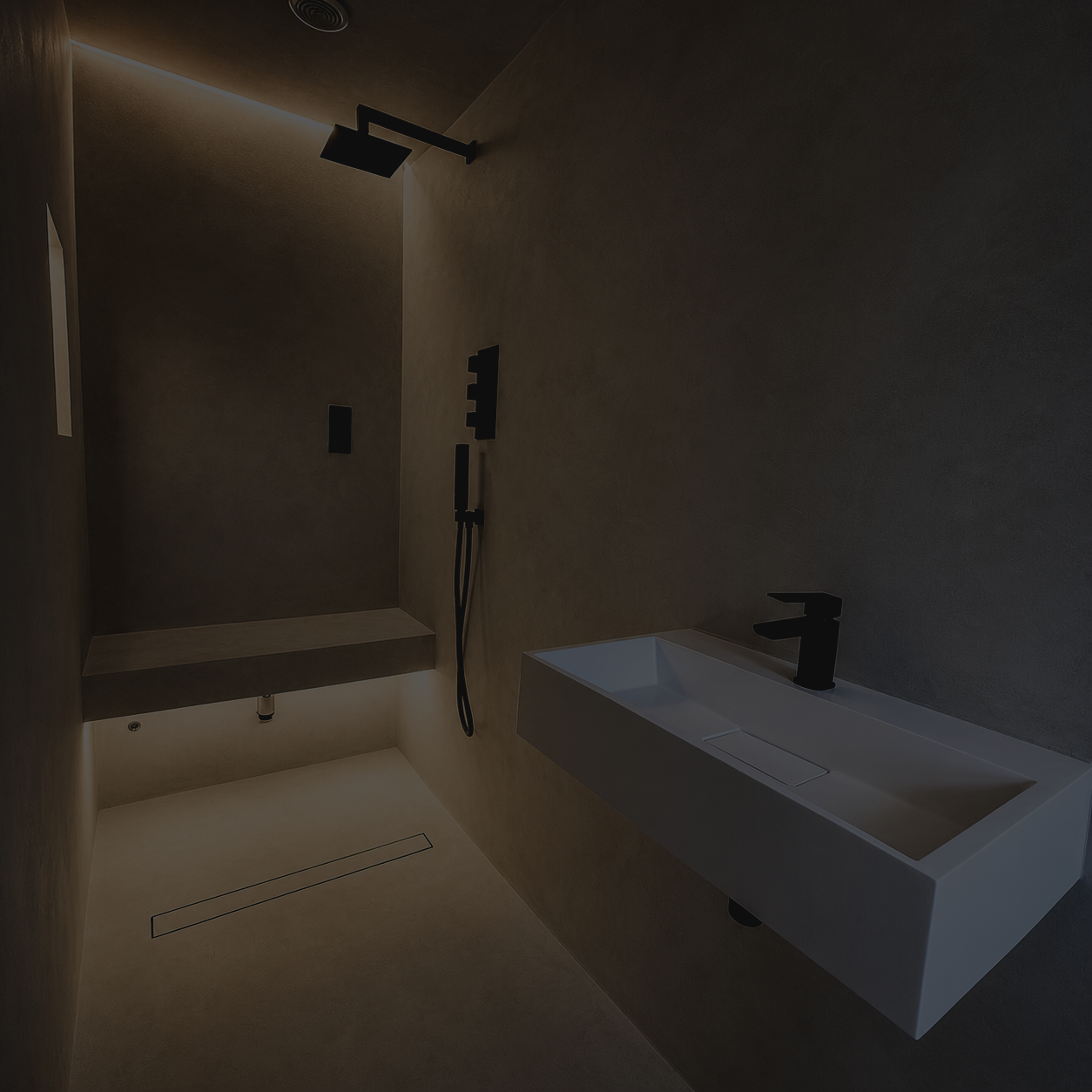 Minimalist bathroom with a white sink, black faucet, black shower head, and dark walls.