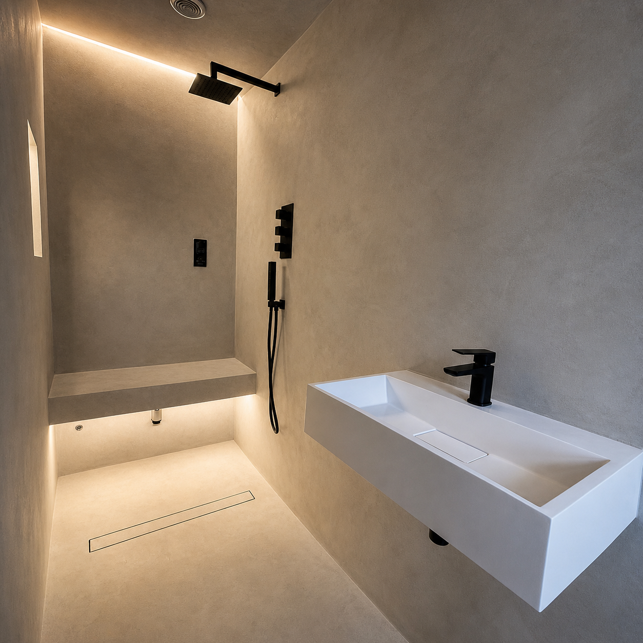 Minimalist bathroom with walk-in shower, black fixtures, a hanging shower head, a wall-mounted sink with a black faucet, and muted neutral colors.