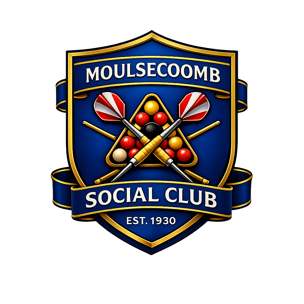A shield-shaped emblem for the Moulsecomd Social Club, established in 1930, featuring a triangle with billiard balls, crossed cue sticks, and red, white, black, and yellow accents.