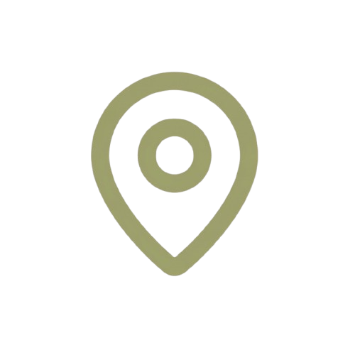 Icon of a location pin with a circle inside it, colored in olive green.