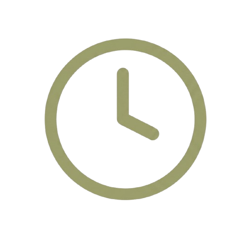 Minimalist clock icon with a beige outline and clock hands showing 3:00.