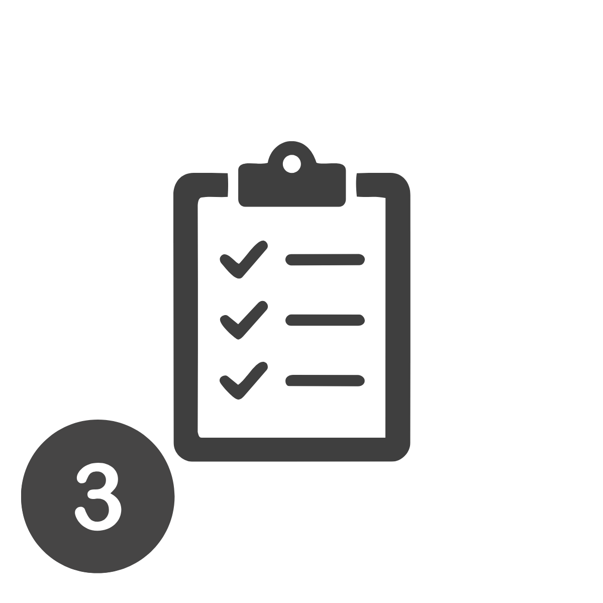 Checklist on a clipboard with three checkmarks. Number 3 in a circle at the bottom left.