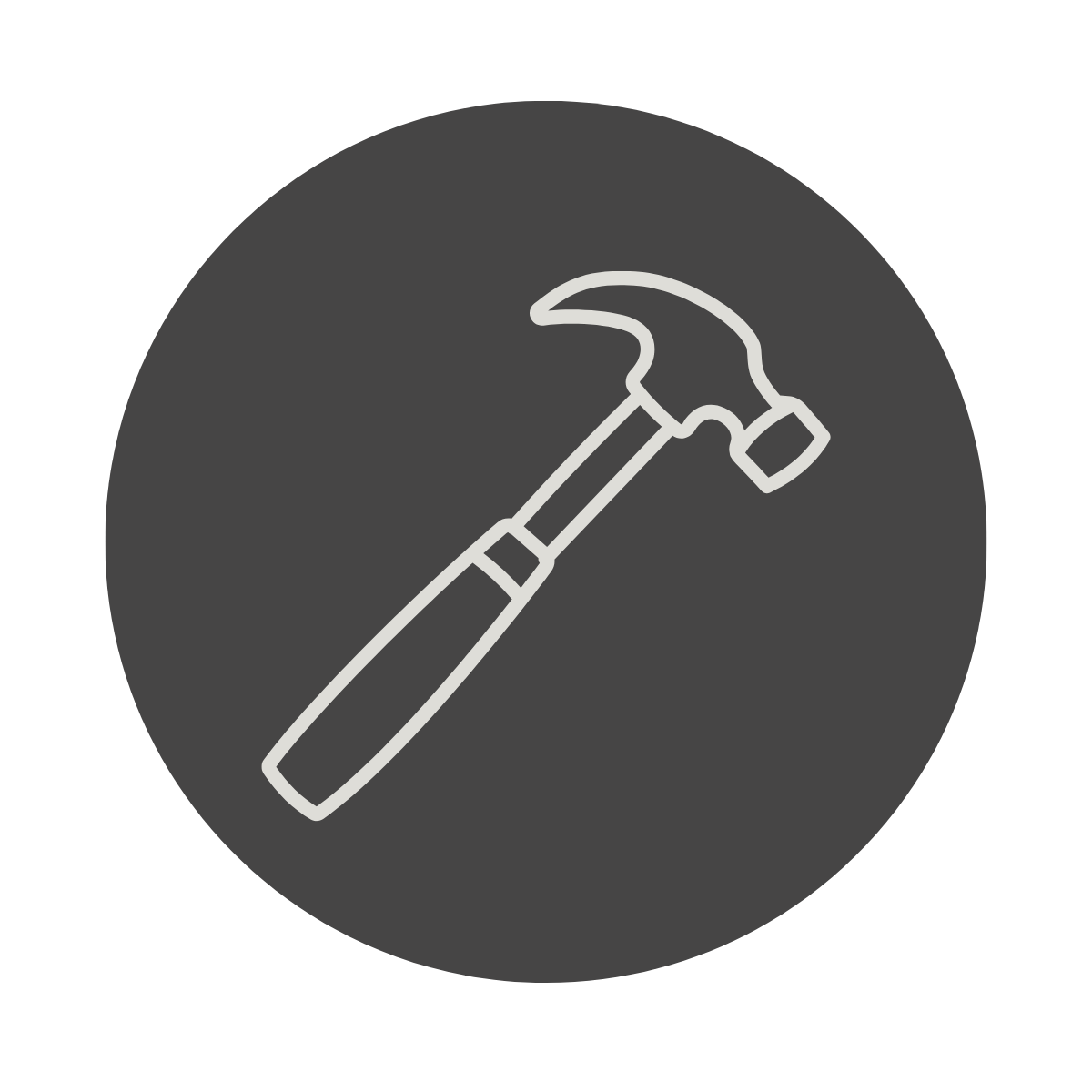 Icon of a hammer and chisel on a dark gray circular background.
