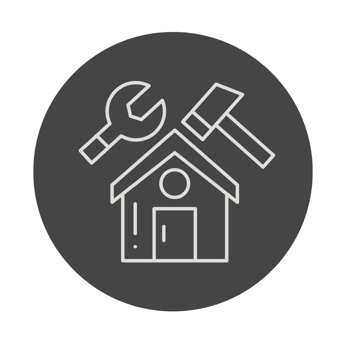 Line drawing of a house with a hammer and a wrench above it, inside a dark circle.