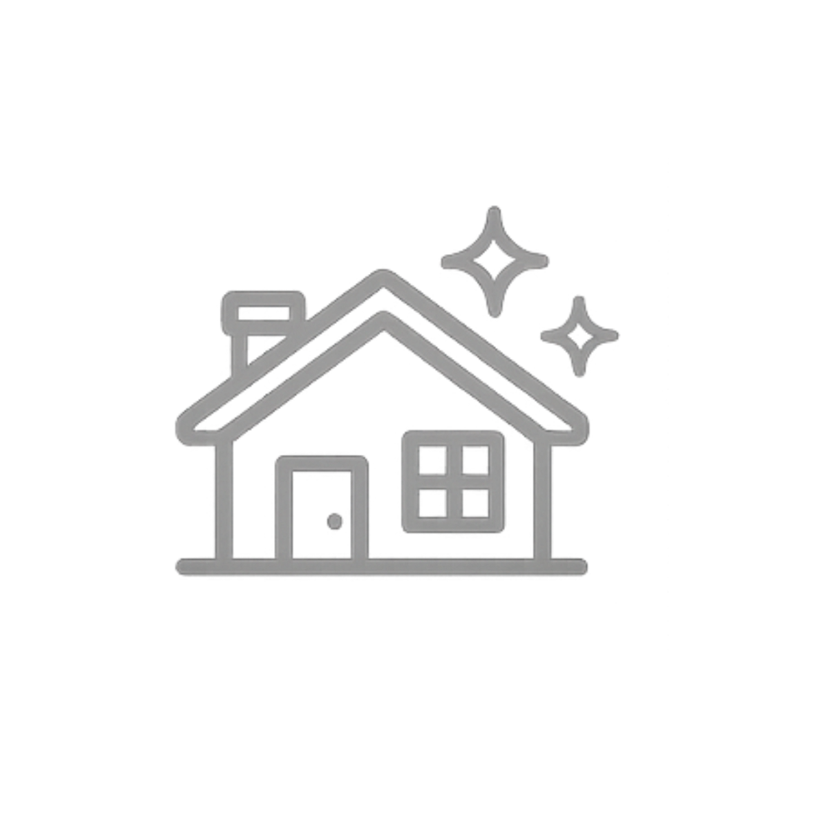 A metallic house icon with two sparkles above it, representing cleanliness or newness.