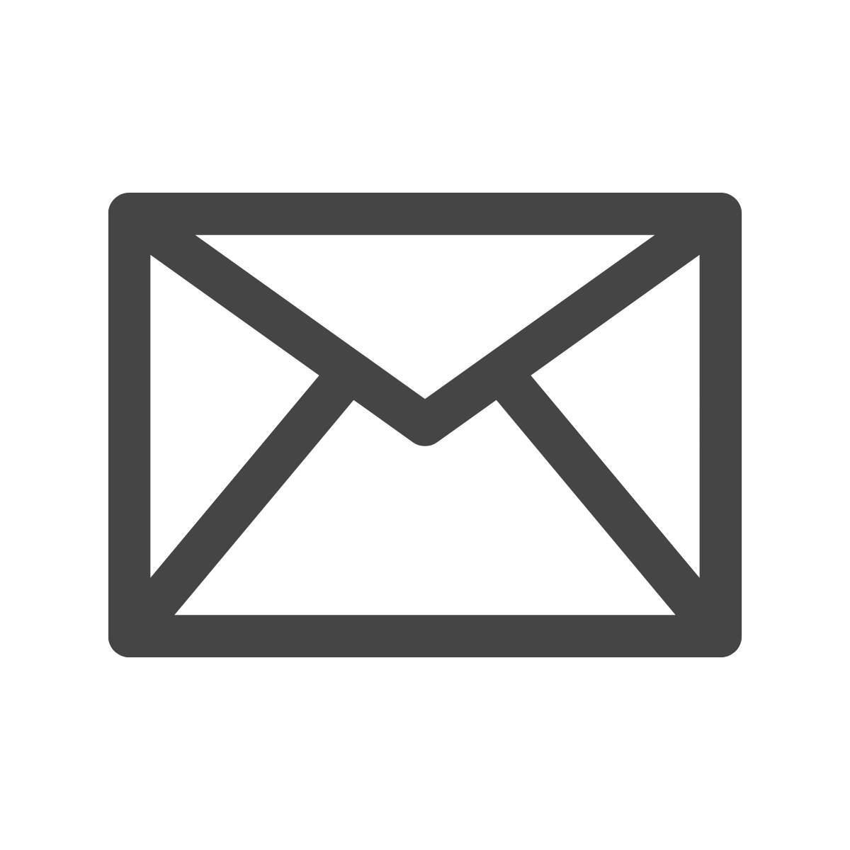 Email icon, gray outline of an envelope on a black background