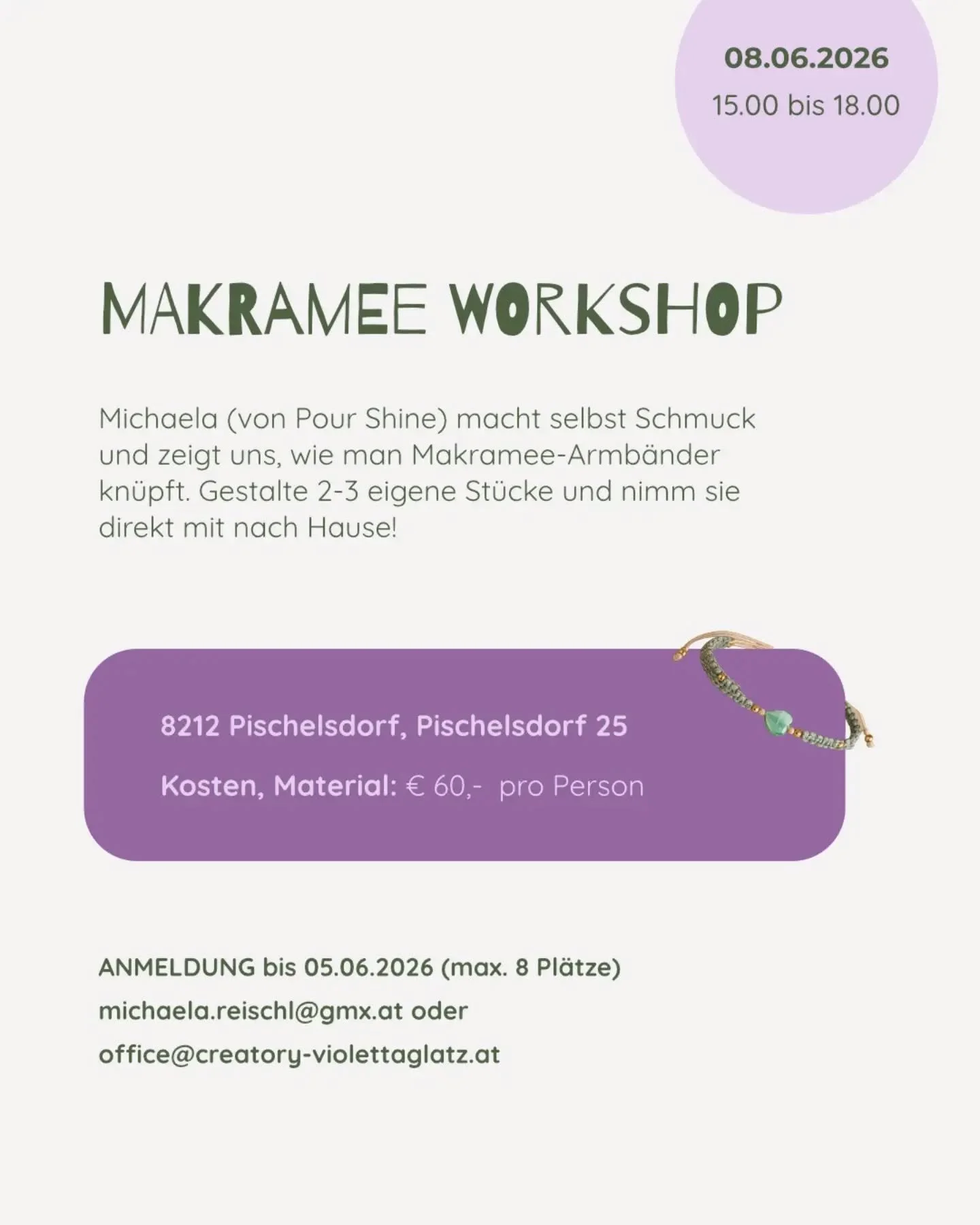 Schnell reservieren: es sind nur noch 2 Pl&auml;tze frei🥳👆🏻

Lsst uns gemeinsam kreativ werden und lernen wie man Makramee Armb&auml;nder ganz einfach selbst kn&uuml;pfen kann. Dazu gute Gespr&auml;che, neue Kontakte und eine entspannte Atmosph&au