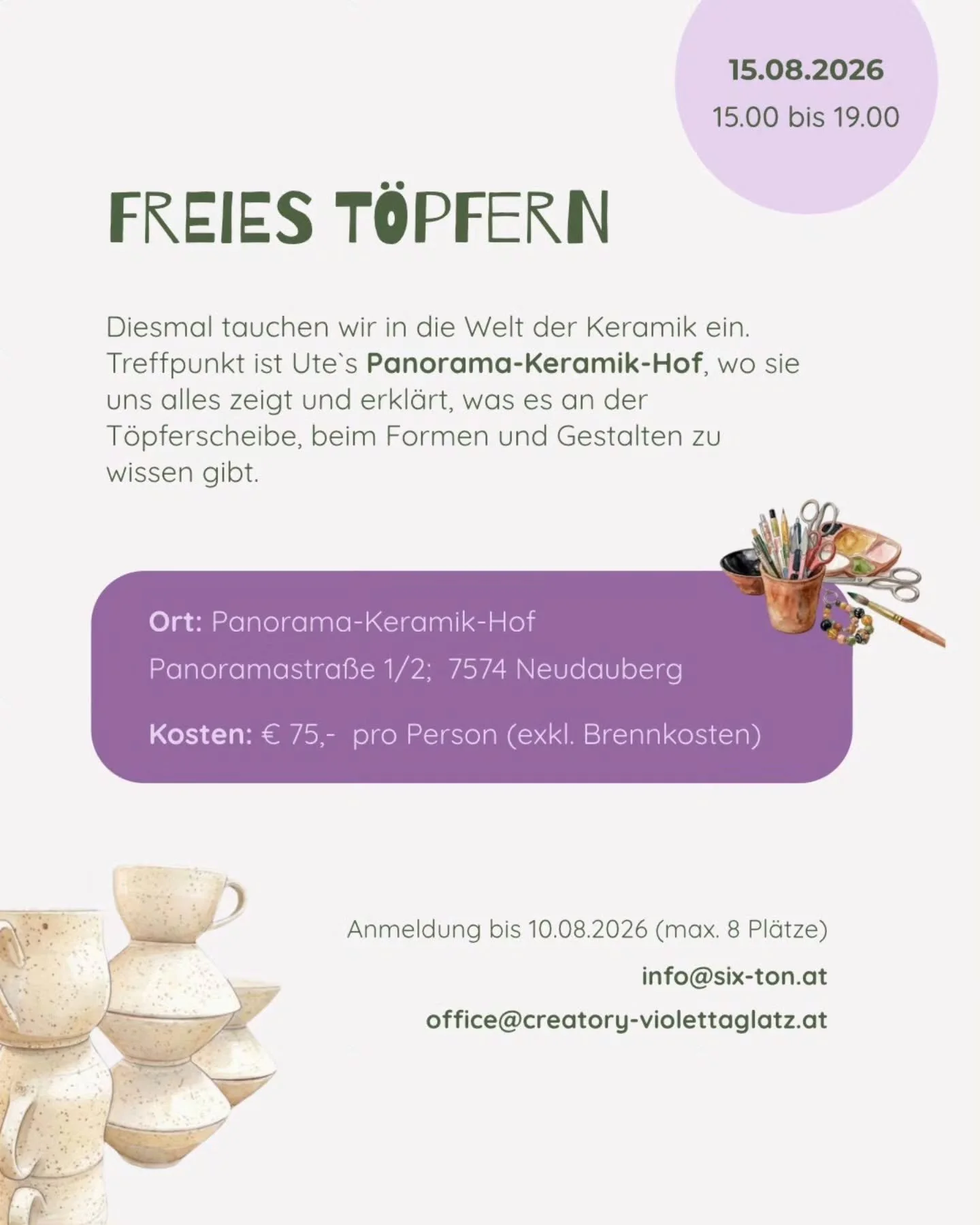 Unbedingt speichern, notieren, weitersagen und anmelden (bevor alle Pl&auml;tze weg sind)!😍🏺🎨

Der n&auml;chste create &amp; connect Termin steht fest:

⚱️Freies T&ouml;pfern: f&uuml;r Anf&auml;nger &amp; Fortgeschrittene - alle sind willkommen. D
