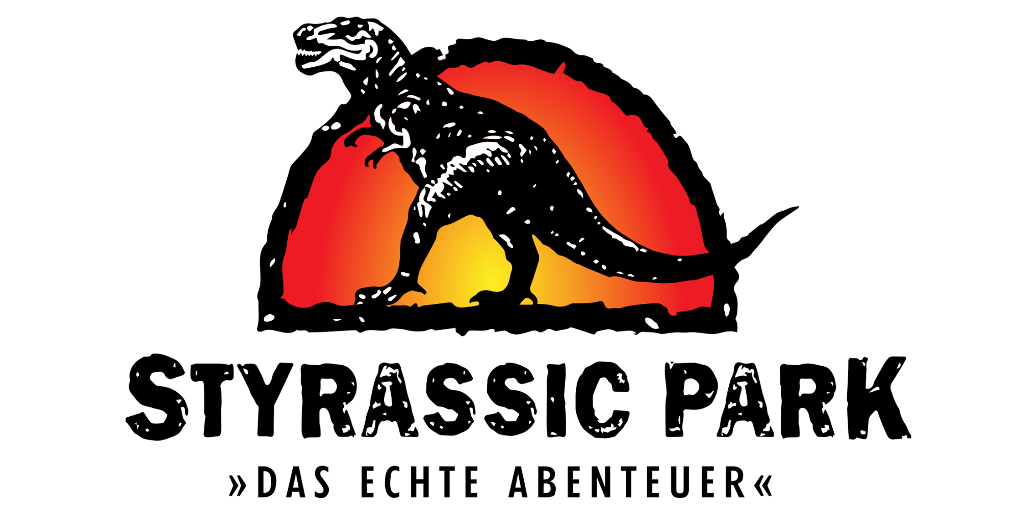 Logo von Jurassic Park mit einem Dinosaurier vor einem roten und gelben Sonnenuntergang, darunter der Schriftzug "STYRASSIC PARK" und der Slogan "DAS ECHTE ABENTEUER".