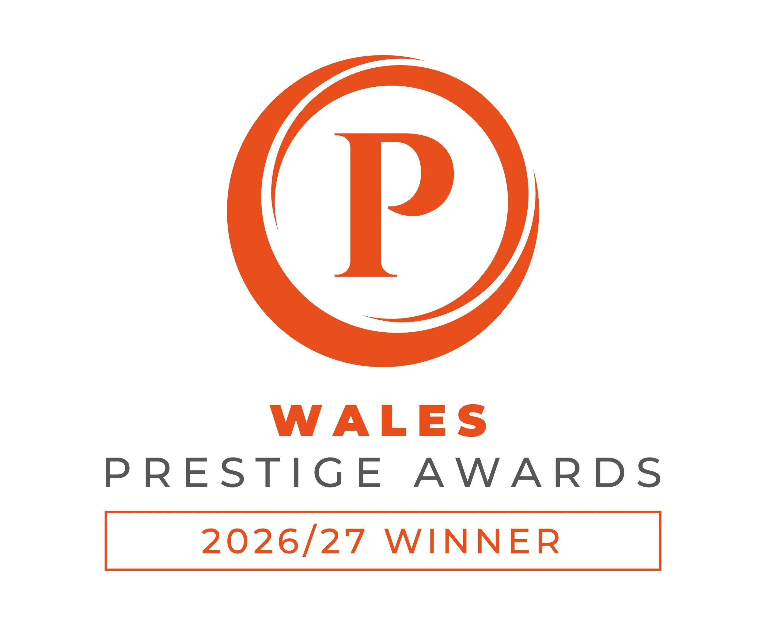 Wales Prestige Awards 2026/27 Winner logo with a large orange 'P' enclosed in an orange circle, and text indicating the award year and winner.