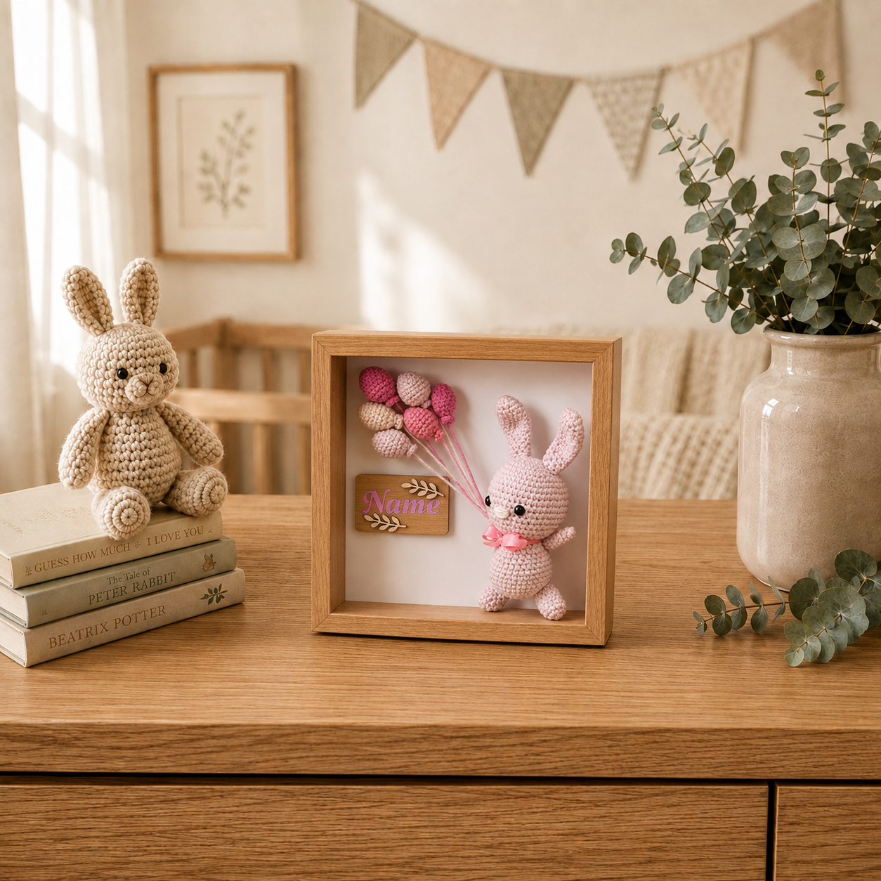 Personalised Crochet Bunny Shadow Box Baby Name Keepsake