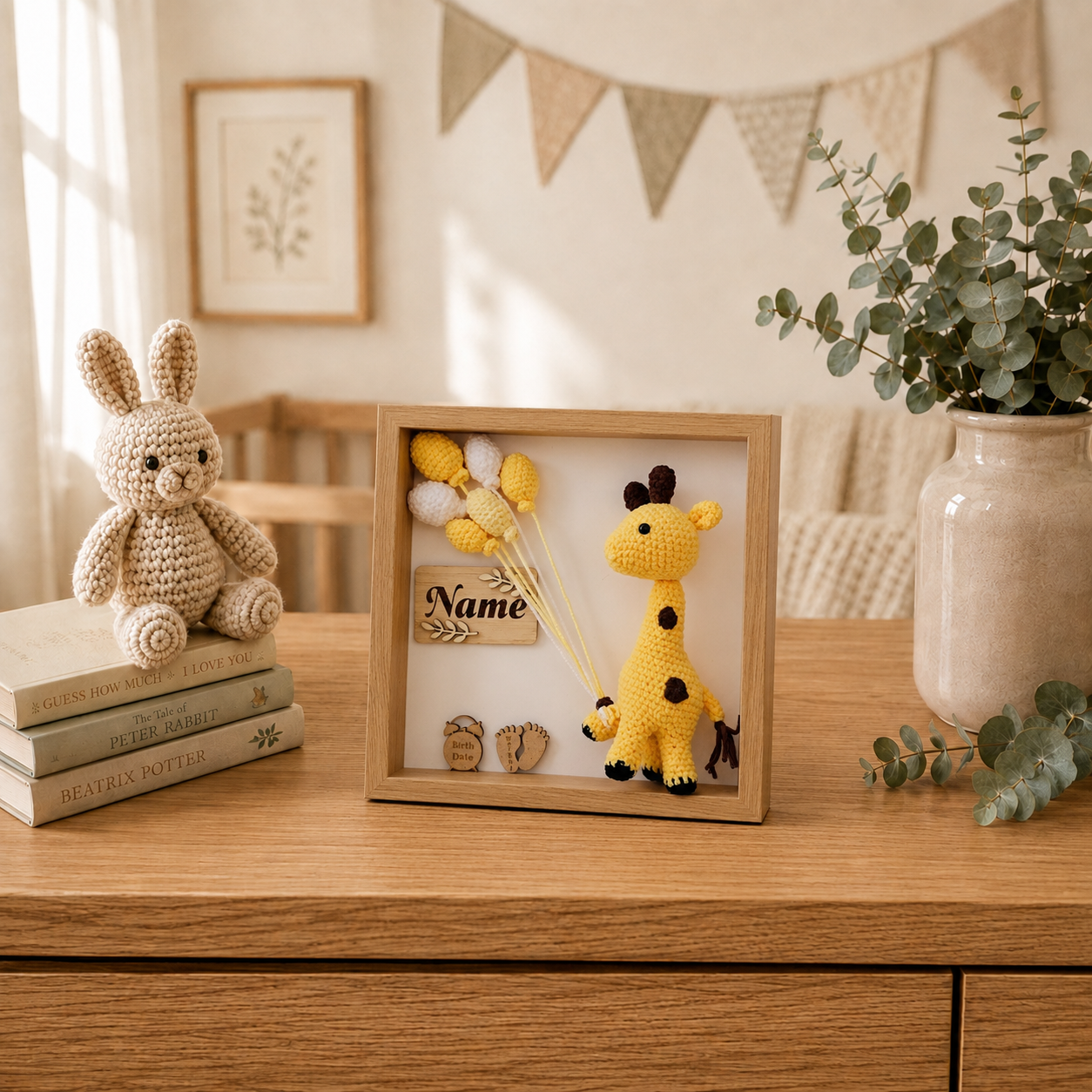 Personalised Crochet Giraffe Shadow Box Baby Name Keepsake