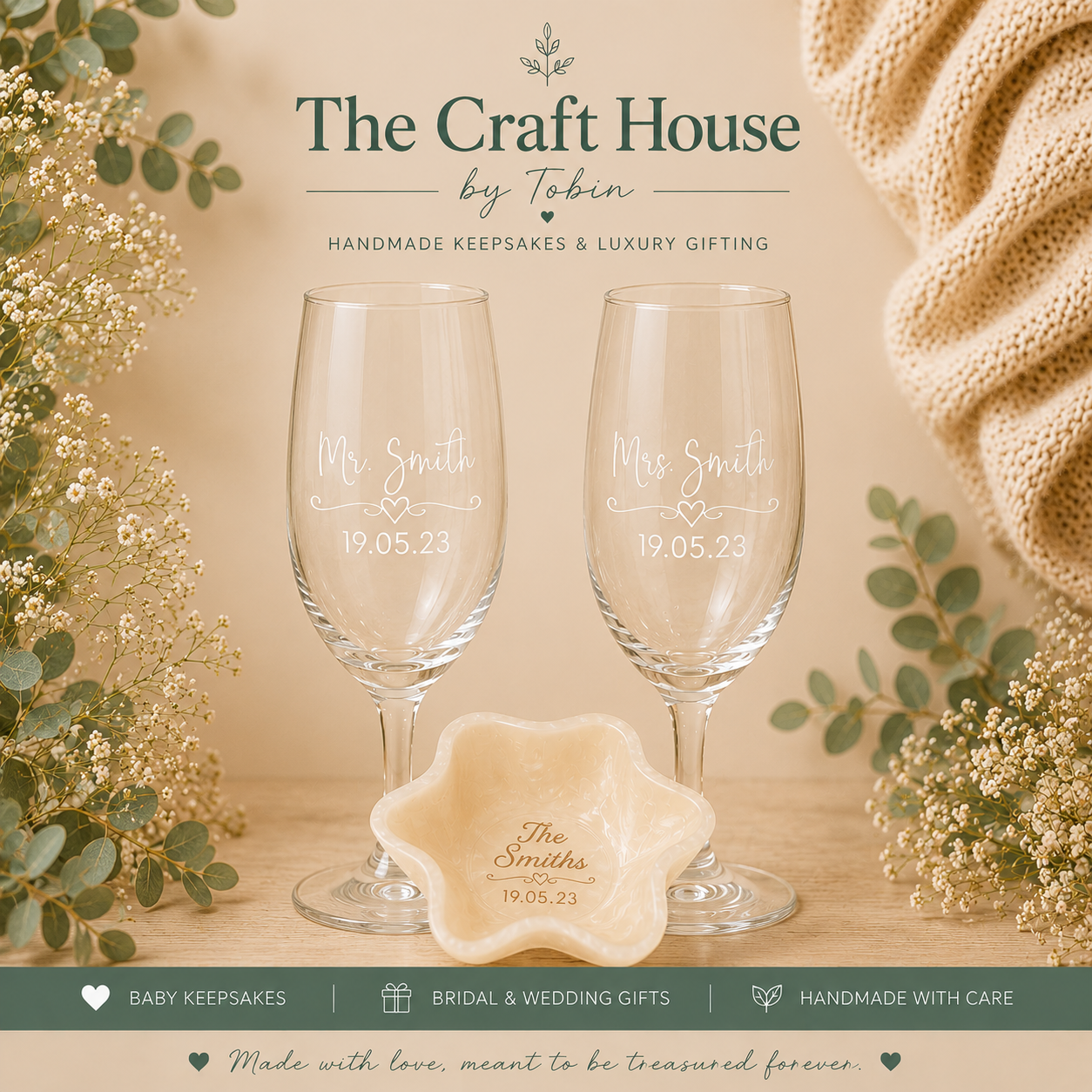 Personalised Luxury Wedding Bride & Groom Champagne Flutes and Ring Dish Set