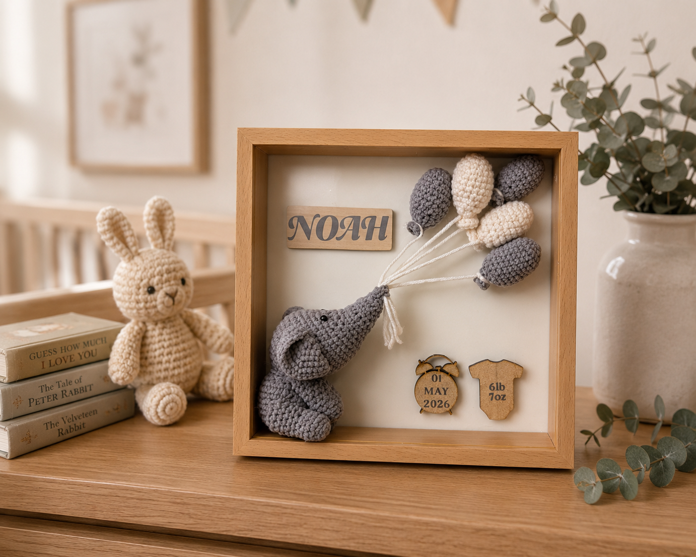 Personalised Crochet Elephant Baby Keepsake Frame - Medium