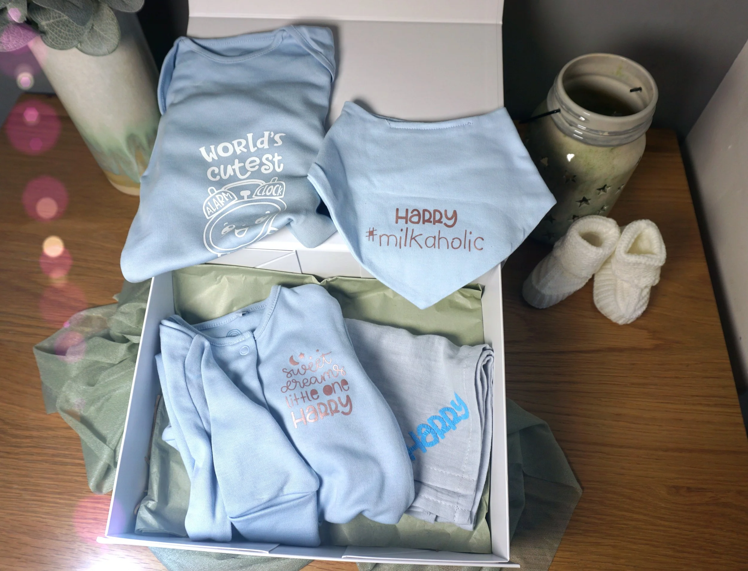Personalised Baby Gift Set - Onesie, Bib, Vest & Muslin