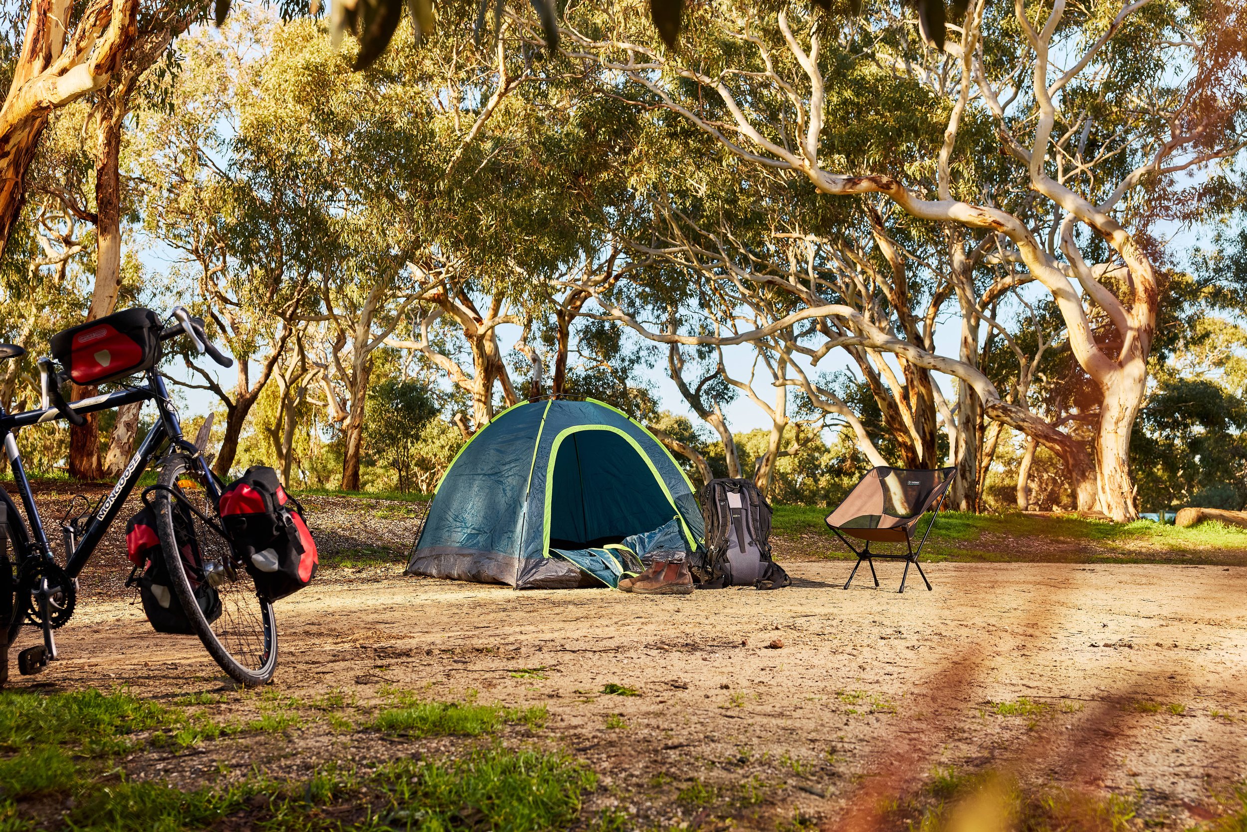 Camping gear including a bicycle, a small green tent, a chair, backpacks, and shoes set up outdoors under large trees with green leaves, sunlight filtering through.