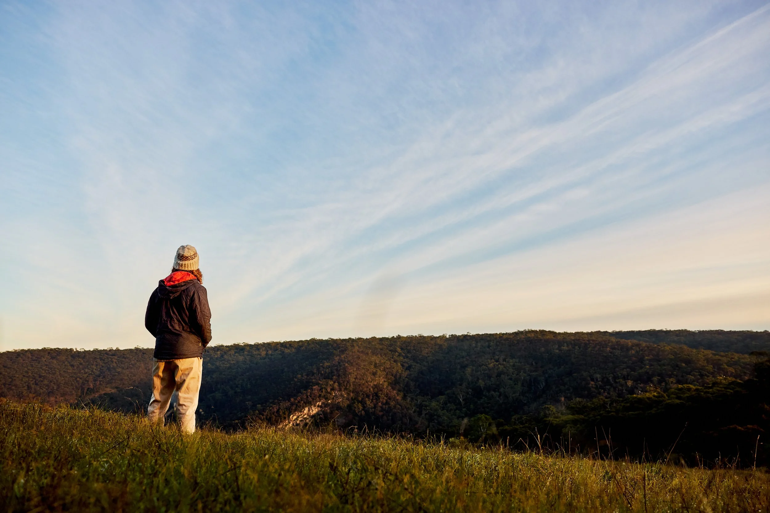 A person standing on a grassy hill, overlooking a landscape with trees and distant hills, under a sky with thin clouds.