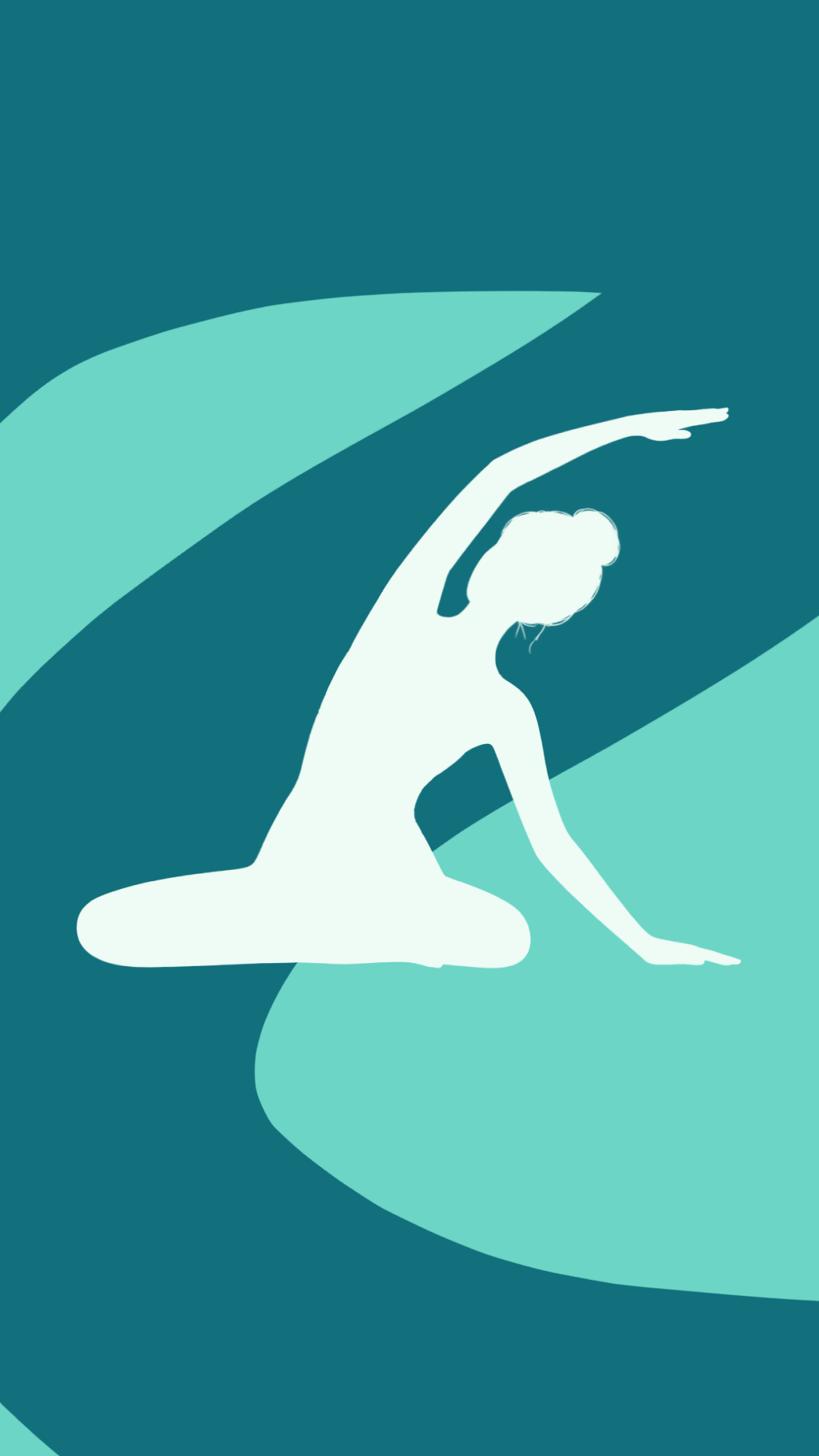 Silhouette d'une femme faisant une pose de yoga, avec ordre de mouvements fluides, sur un fond stylisé de vagues ou de feuilles dans des tons de bleu et vert.