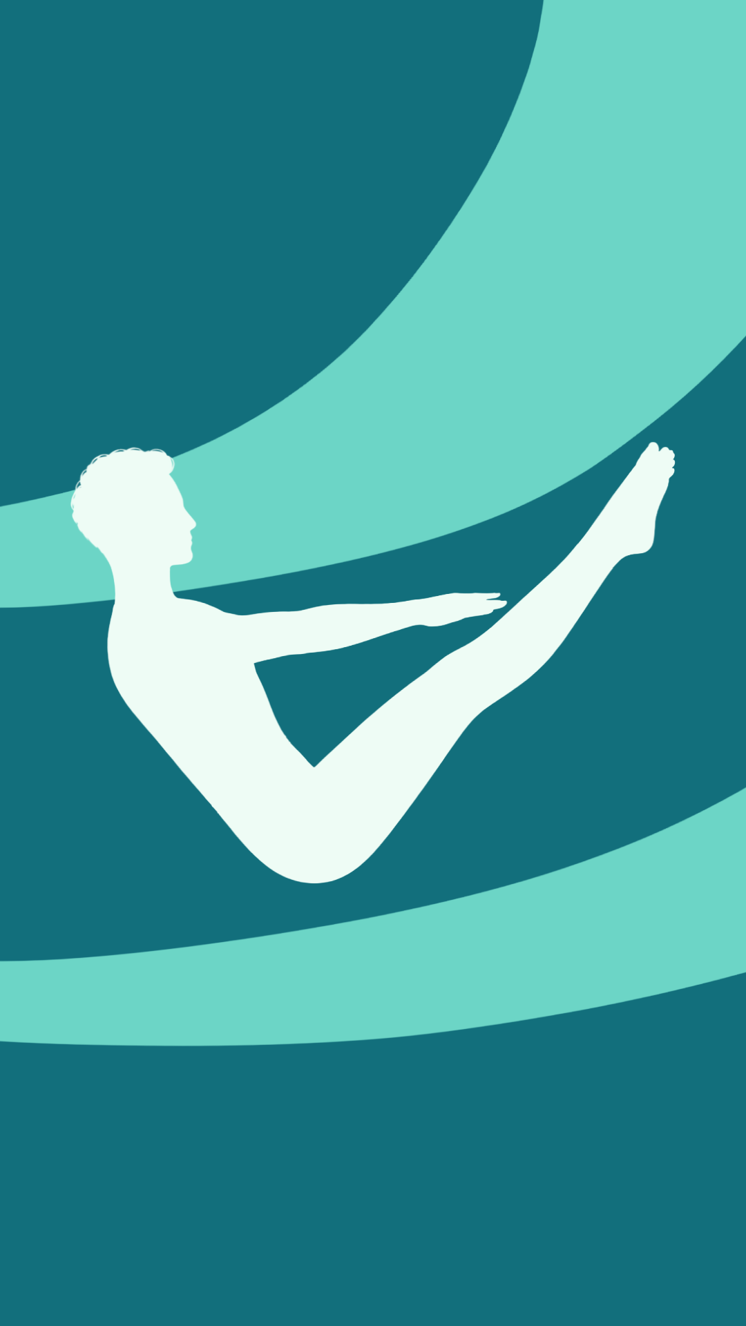 Illustration d'une silhouette humaine en position de yoga ou de gymnastique, stage sur un fond géométrique bleu et turquoise.