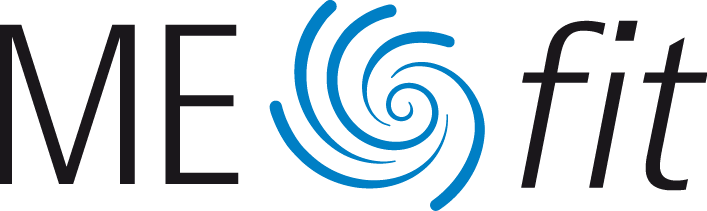 Logo avec le texte 'ME fit' et un symbole swirl bleu entre les mots.