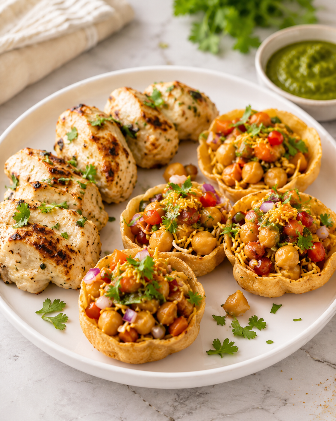 Malai Chicken tikka with chatpata chana sev puri.