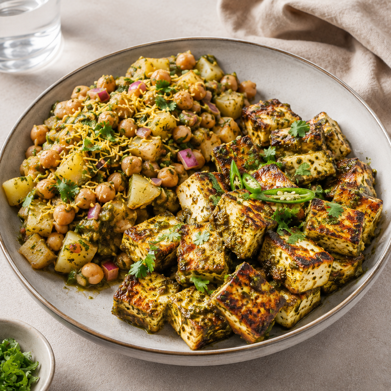 Techa Paneer with Potato Chickpea Chaat