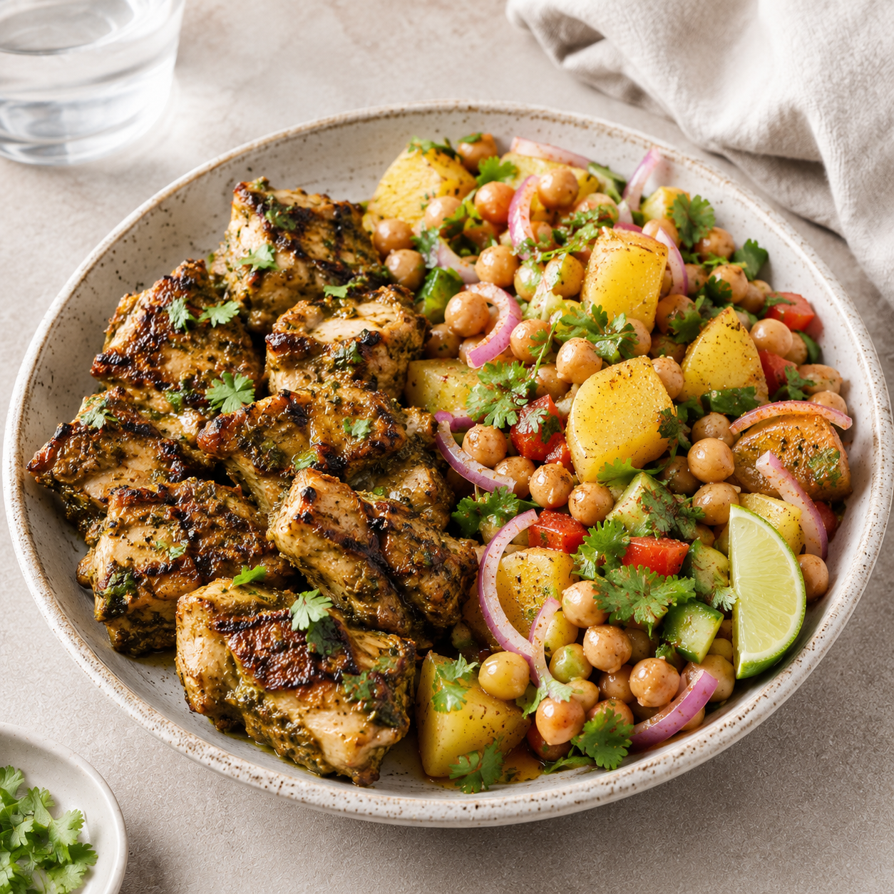 Techa Chicken with Potato Chickpea Chaat