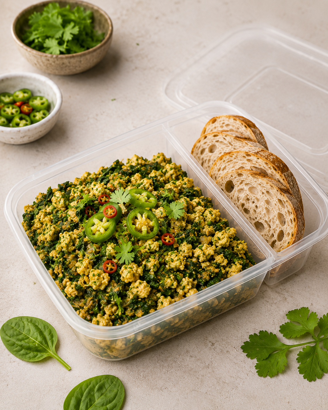 Paneer palak bhurji with homemade sourdough.