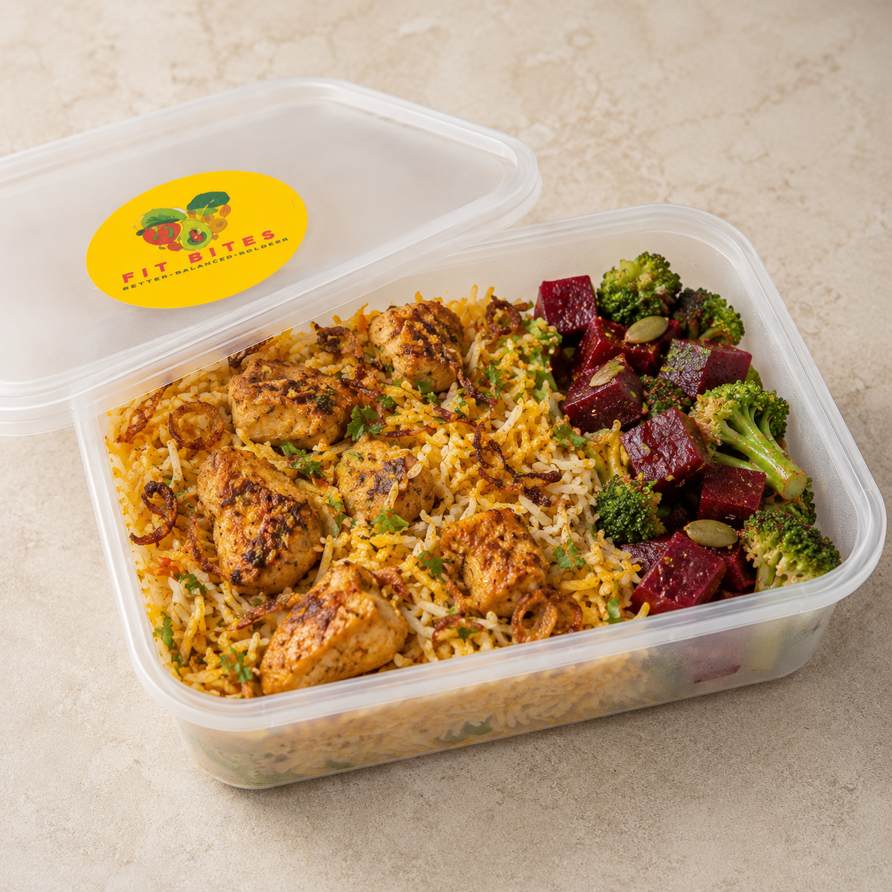 Fitbites Healthywali Chicken Biryani with beetroot and broccoli salad