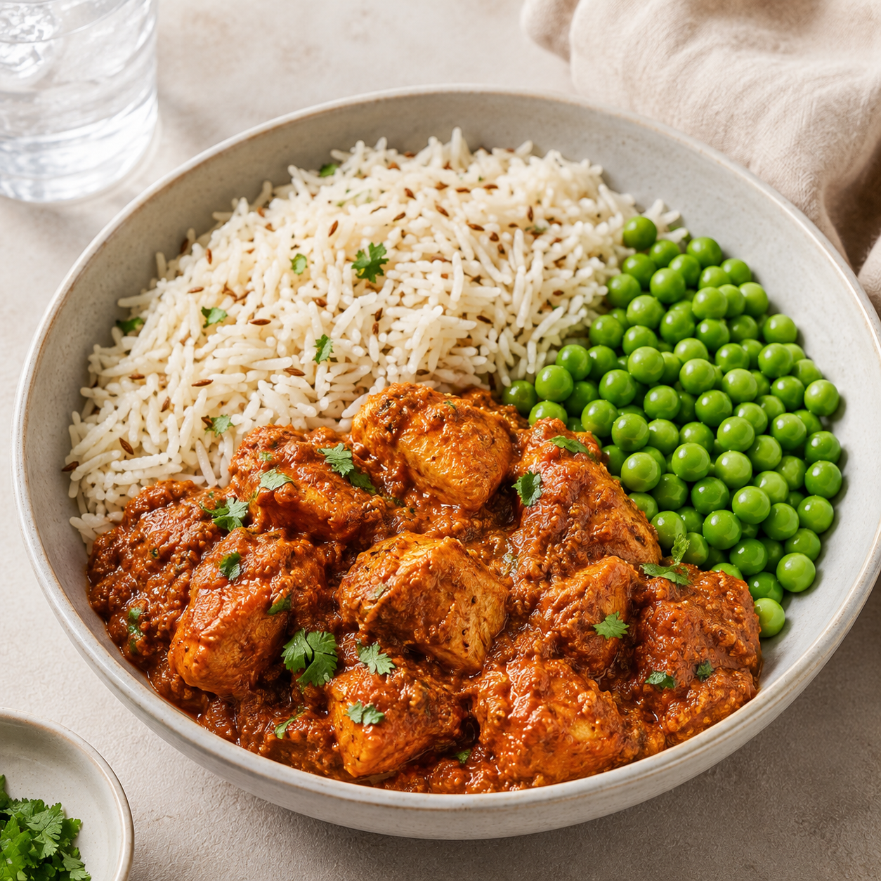 Low-Fat Kolhapuri Chicken with Cumin Rice & Peas