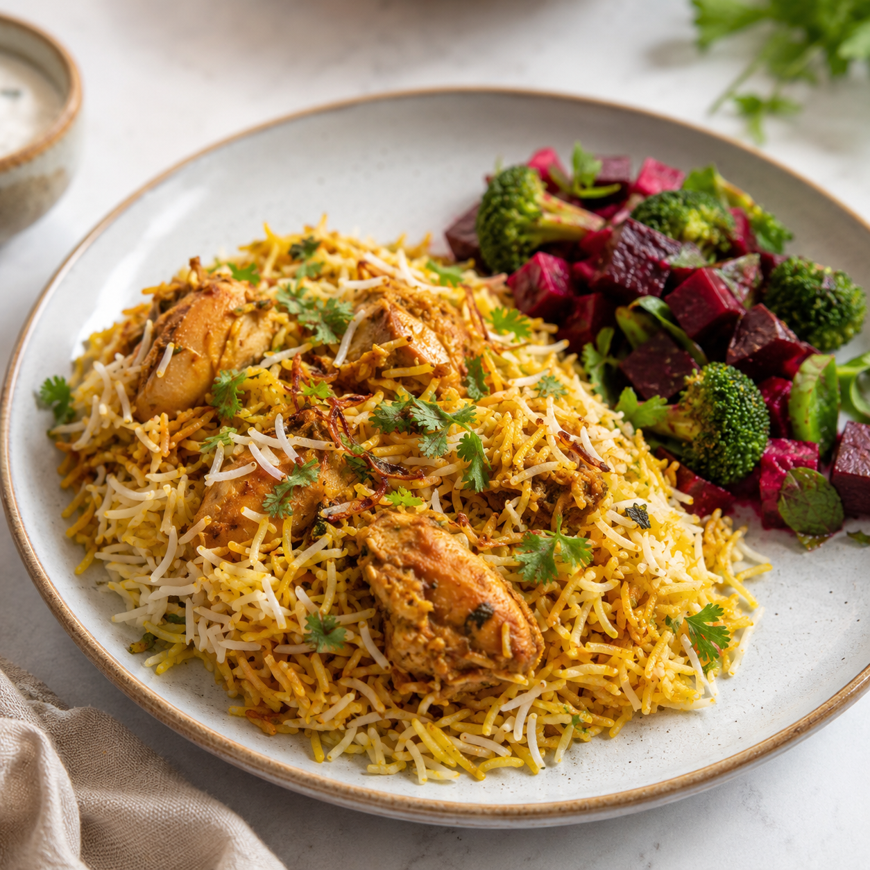 Fit Bites Healthywali Chicken Biryani with Beetroot and Broccoli Salad