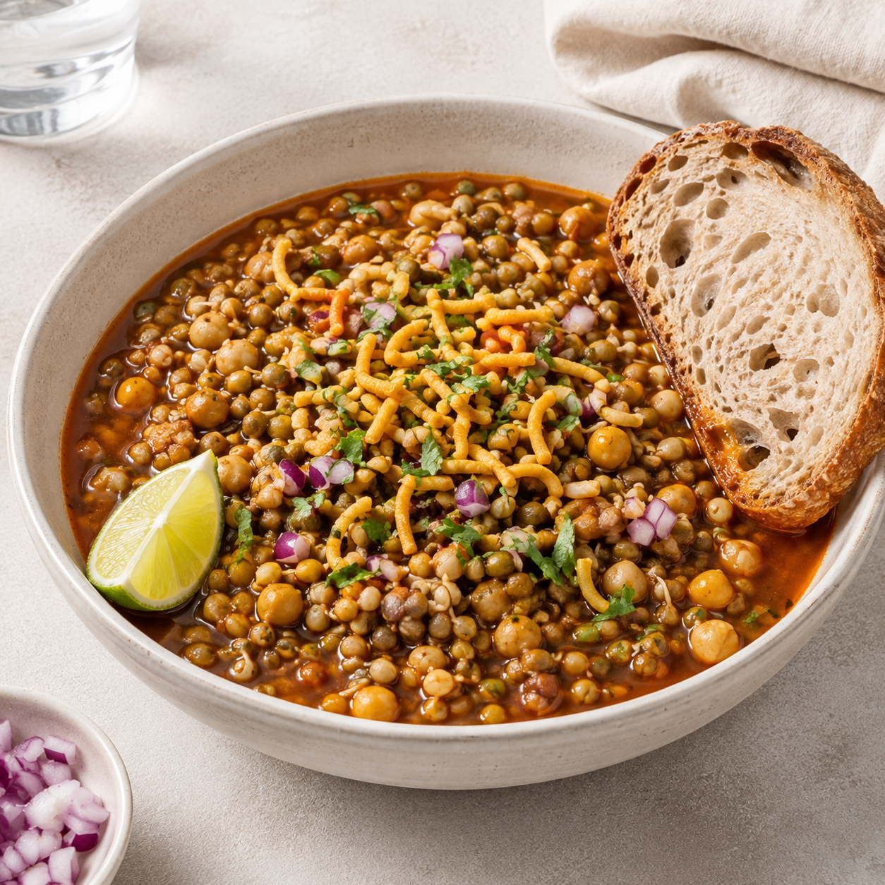 High-Protein Mixed Legume Misal with Sourdough Slice