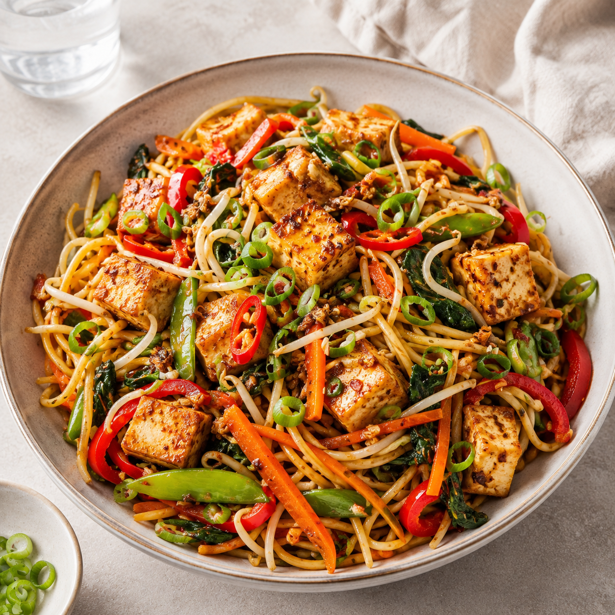 Chilli Garlic Tofu with Singapore Noodles