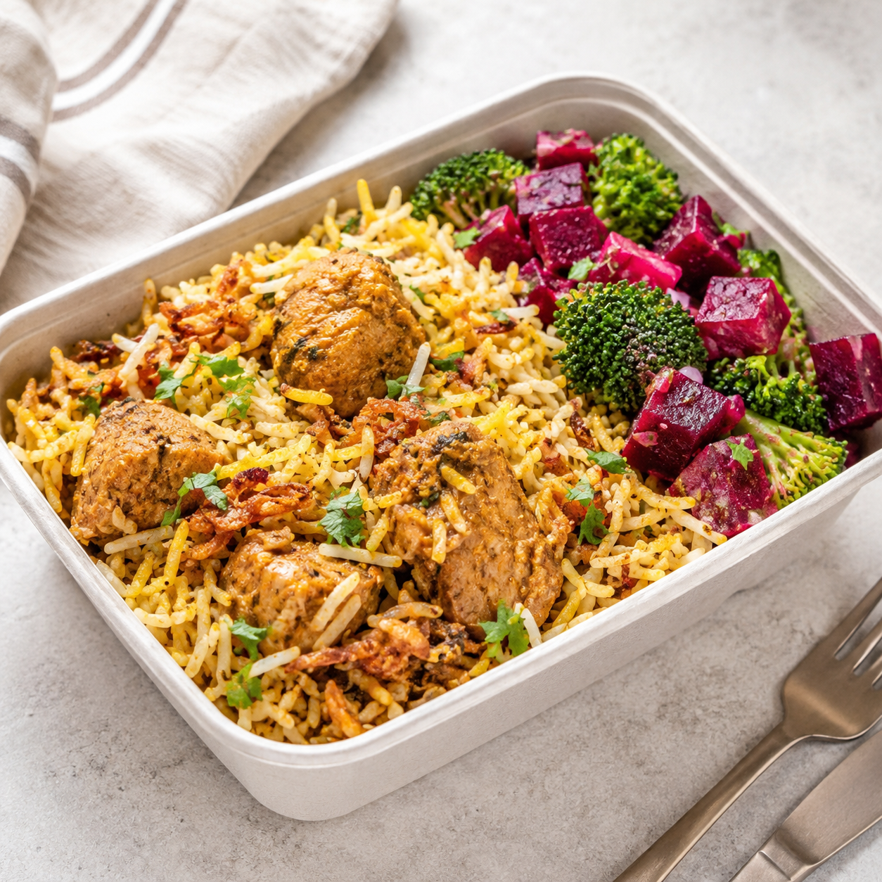 Fit Bites Healthywali Chicken Biryani with Beetroot and Broccoli Salad