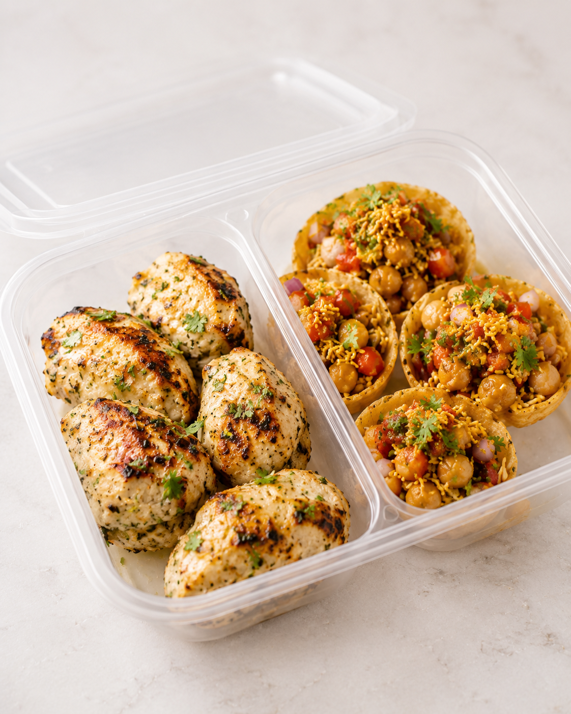 Malai Paneer tikka with chatpata chana sev puri.