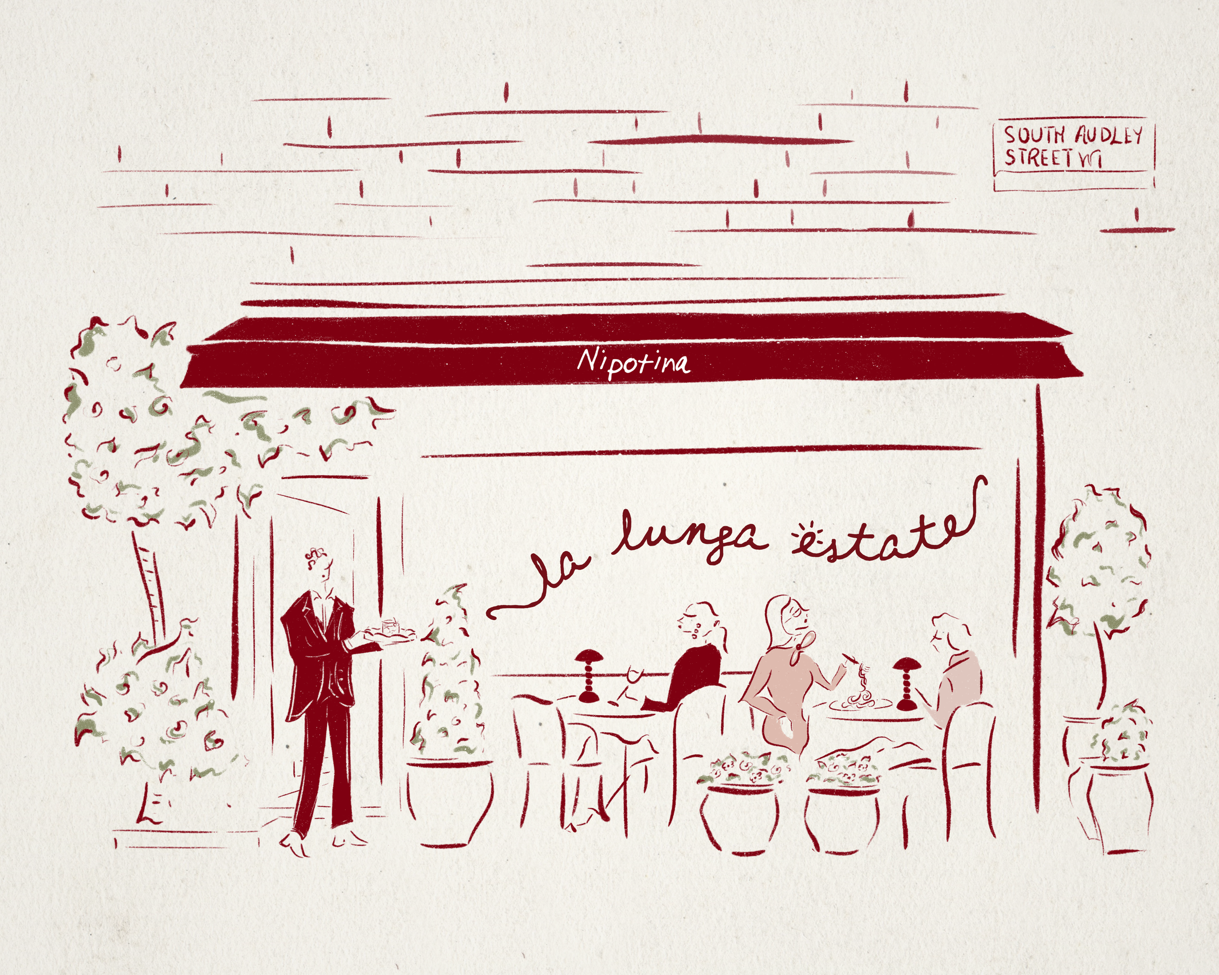A sketch of an outdoor café scene with people sitting at tables, a waiter serving, and greenery. There is a sign that reads 'South Audley Street W1,' and the word 'Nipotina' appears on a building or awning.