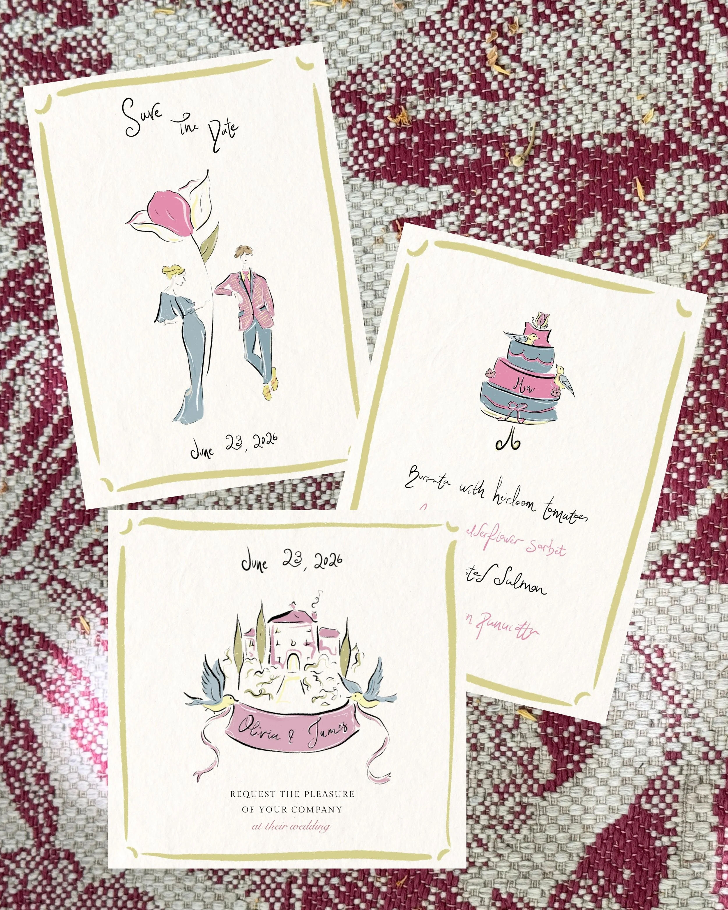 Invitation cards for a wedding with illustrations of a castle, birds, and floral elements. The cards display the date June 23, 2026, and names Oliver & James.