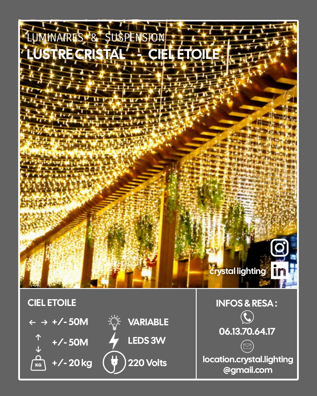 Un panneau publicitaire pour un éclairage de Noël avec un plafond de guirlandes lumineuses dorées suspendues, décorations végétales vertes, et informations de contact.