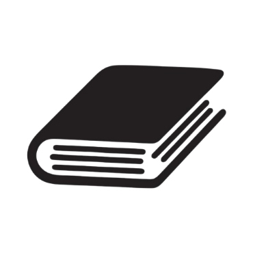 A black and white illustration of a closed book with three pages slightly open.