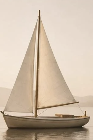Un voilier en mer avec des voiles blanches et un paquebot en bois