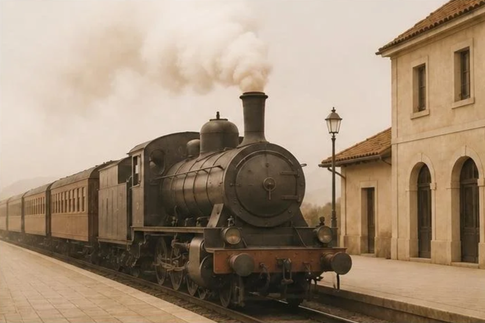Un train à vapeur stationnant à une gare ancienne en pierre avec lampadaire, vapeur s'échappant de la cheminée.