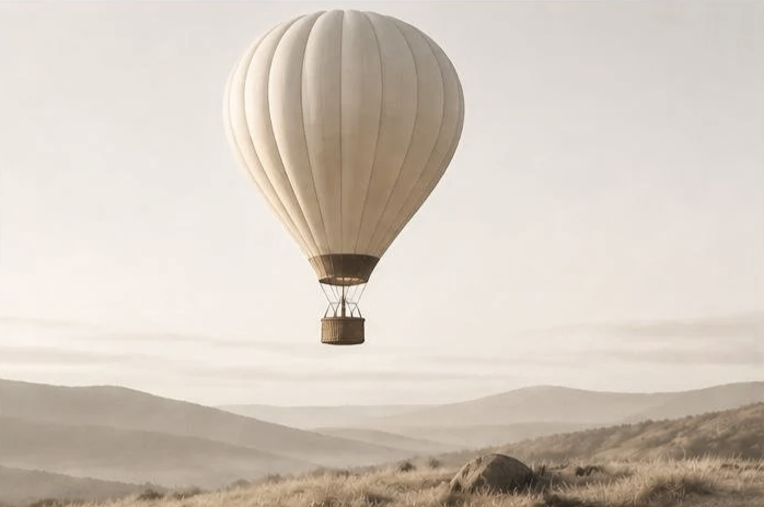 Montgolfière en vol au-dessus d'un paysage de collines et de champs