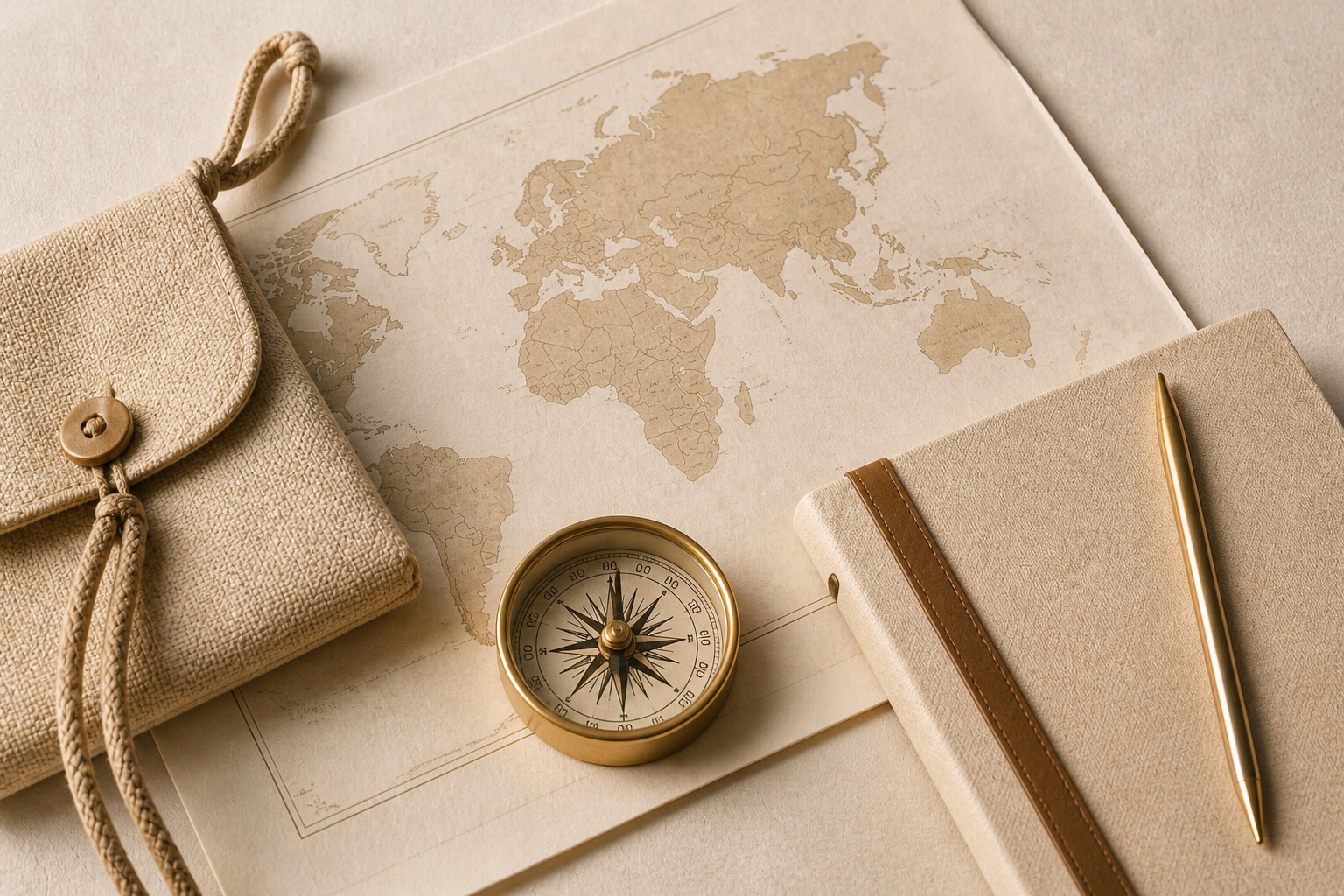 Une carte du monde, une boussole, une carnet beige avec une bande marron, un stylo doré, et un sac beige en toile.