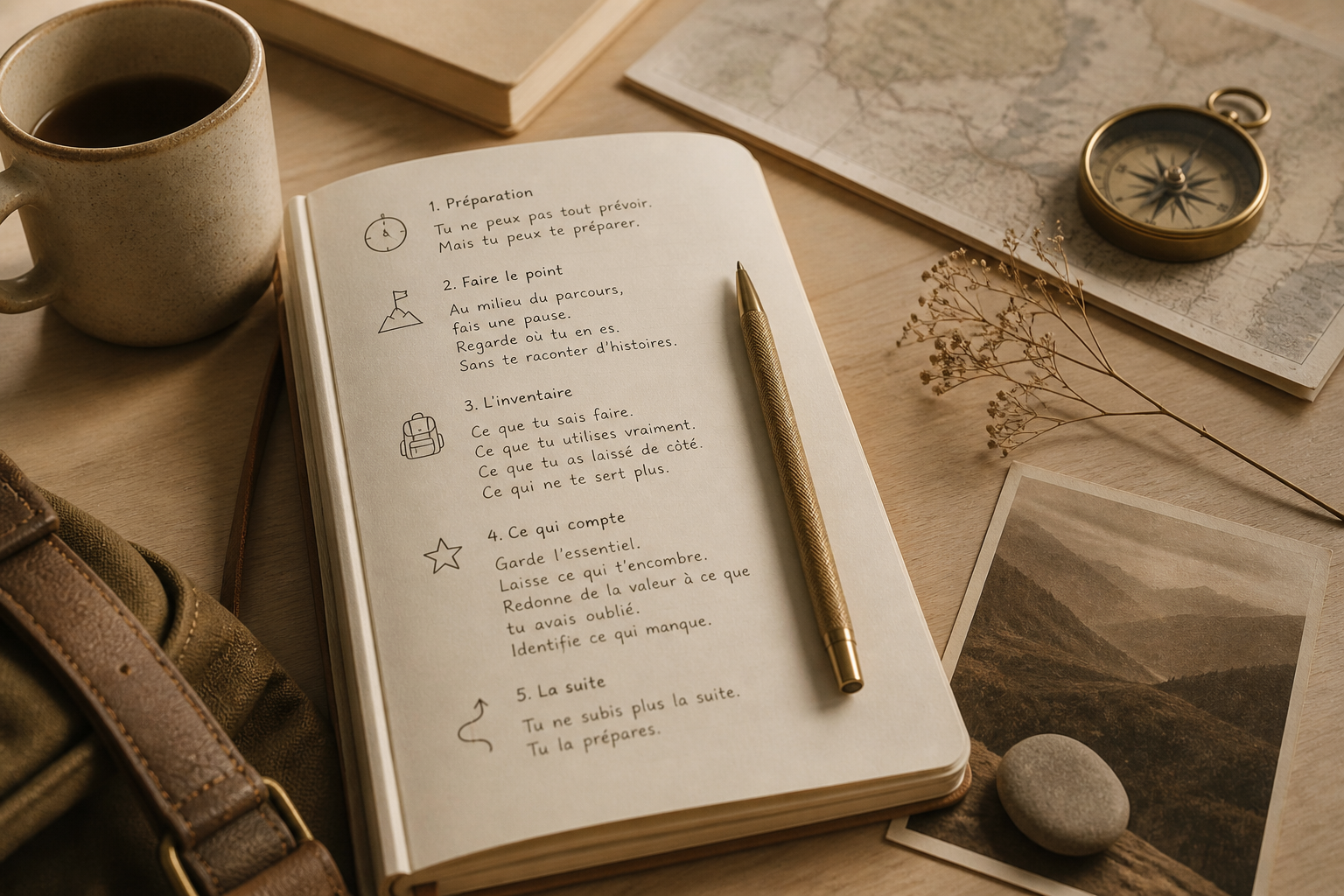 Un carnet ouvert avec un texte en français intitulé '1. Préparation' et d'autres points, accompagné d'un stylo or.