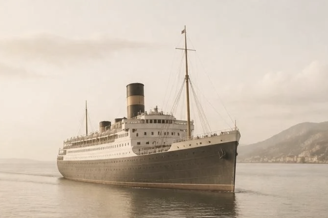 Un paquebot de croisière ancien naviguant sur l'eau avec des montagnes en arrière-plan.