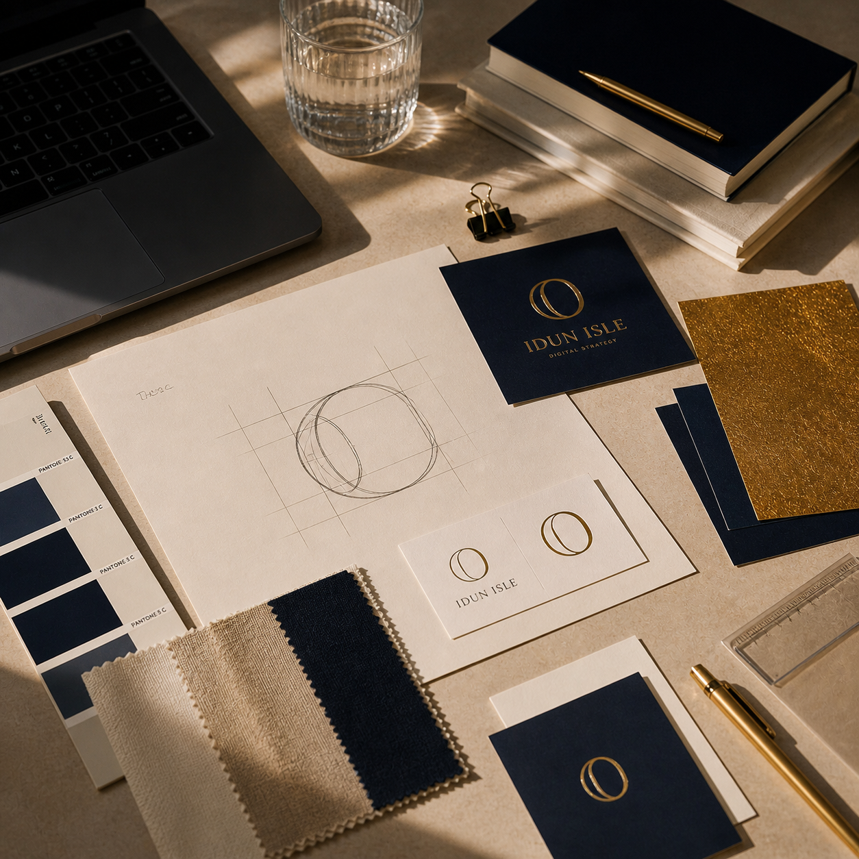 Design sketches and branding materials for Idun Isle, including logo concepts, color palette, and fabric swatches on a desk. There is a laptop, a glass of water, a notebook with a gold pen, and various paper samples and color swatches.