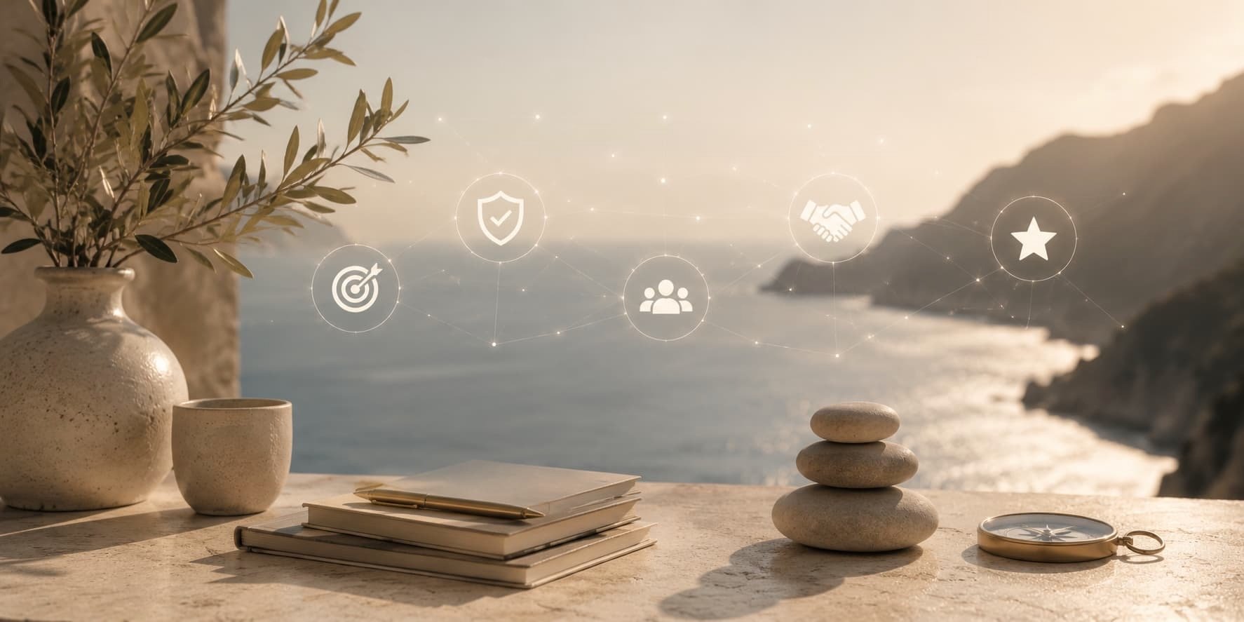 Coastal workspace featuring notebooks, a gold pen, stacked stones, a compass, and subtle digital trust icons overlooking the ocean, symbolizing brand authority, credibility, trust, and the future of AI-powered search.
