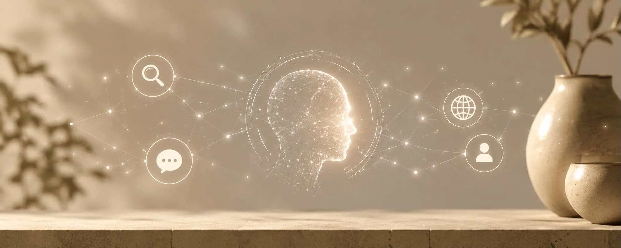 AI search concept illustration showing digital human profile connected to search and web icons within a glowing network, representing ChatGPT SEO, Gemini SEO, AI visibility, generative engine optimization (GEO), and the future of online discovery.