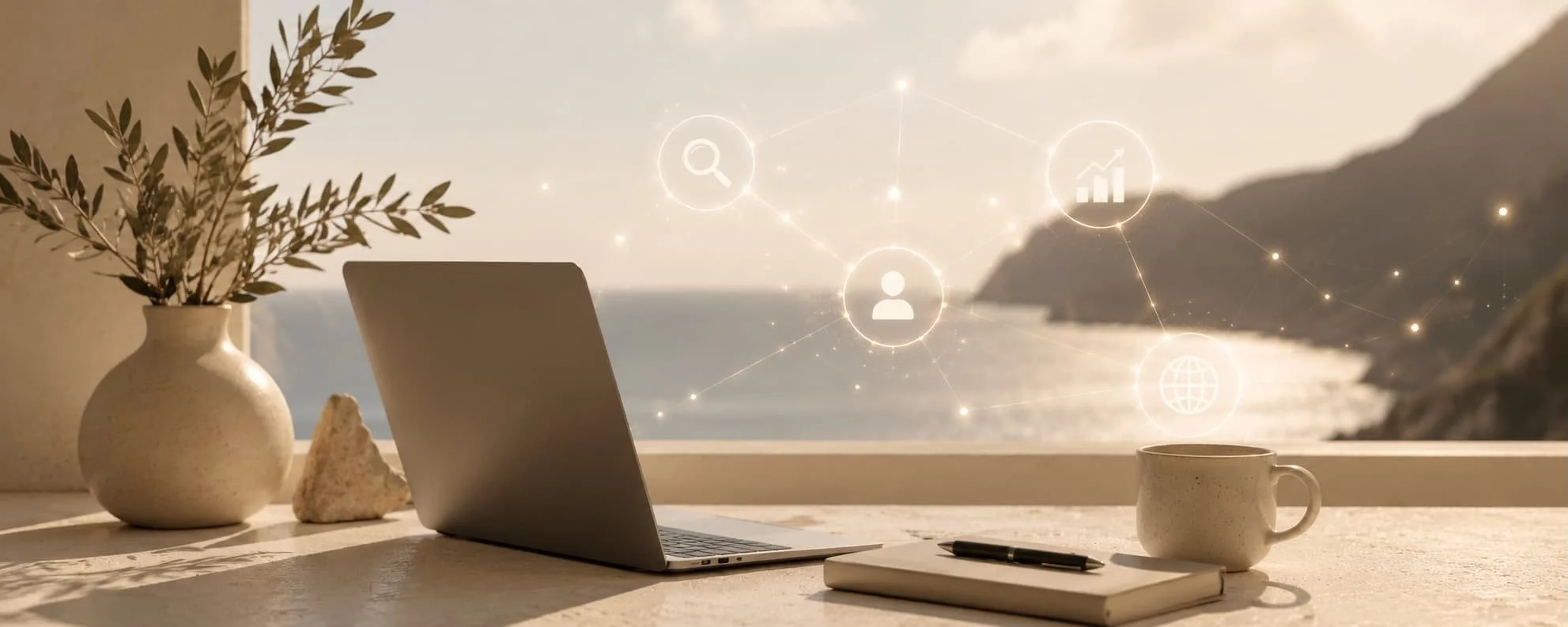 Minimalist coastal workspace featuring a laptop, notebook, coffee mug, and natural decor overlooking the ocean, with subtle AI-inspired digital network connections representing search visibility, online authority, and the future of digital marketing.
