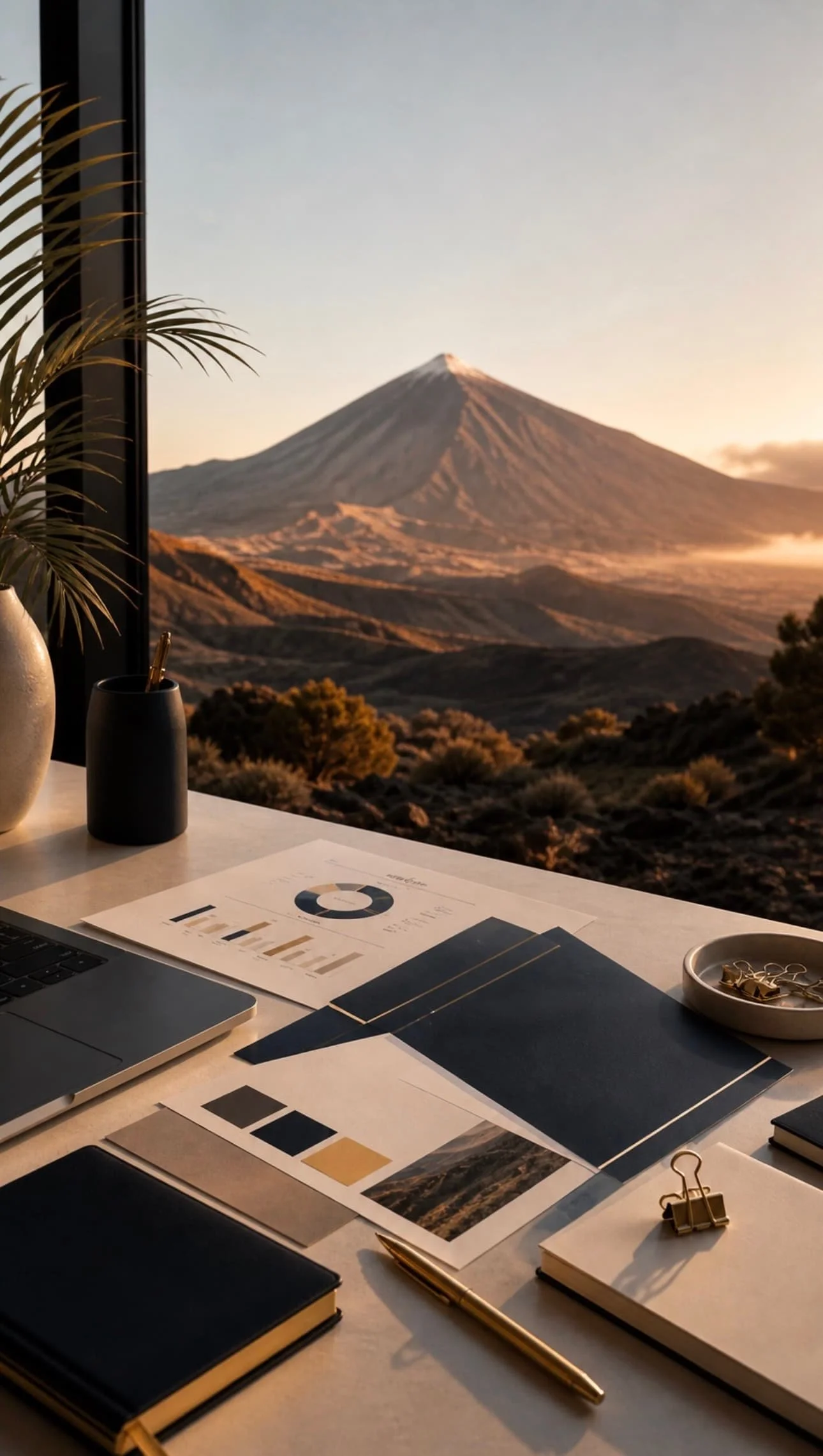 A refined creative workspace overlooking the volcanic landscapes of Tenerife, blending luxury branding, strategic design, and digital growth. This visual captures the essence of IDUN ISLE SL, where elevated aesthetics meet intentional business.